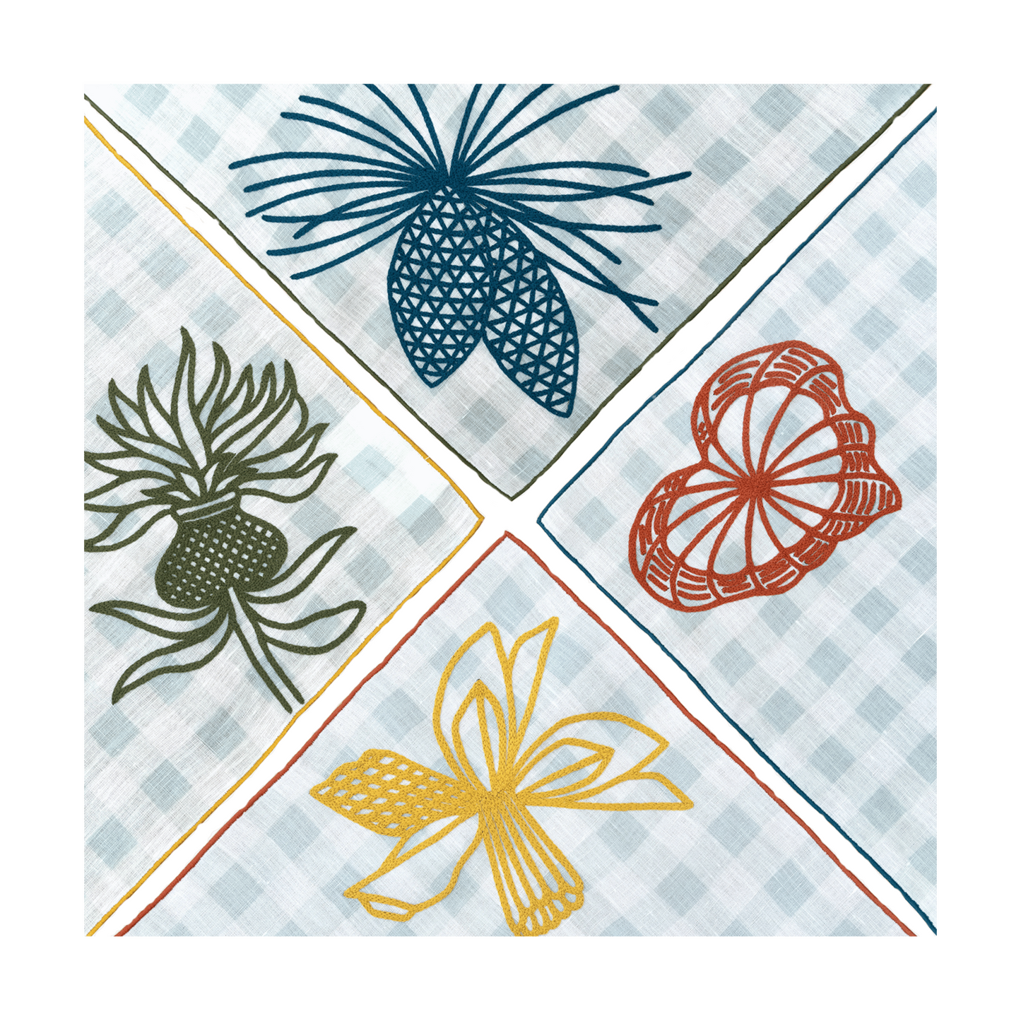 Hand Embroidered Pine and Picnic Napkins 18" x 18" (Set of 4)