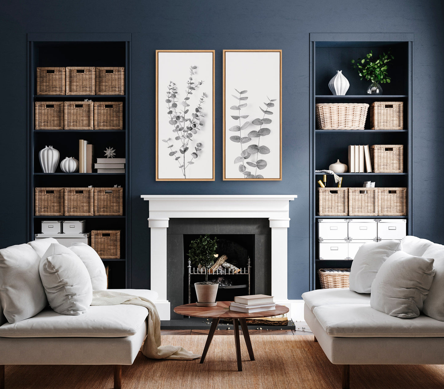 Sylvie Eucalyptus Botanical I Gray and Soft White Framed Canvas by The Creative Bunch Studio