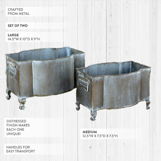 Aged Metal Footed Planters, Set of Two