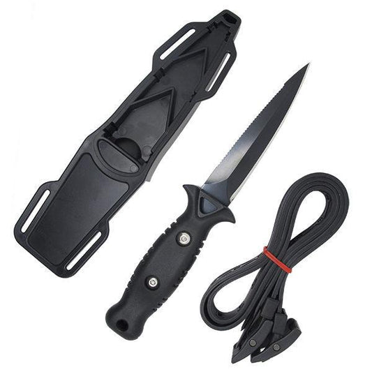 8.5" Spearfishing Low Volume Point-Tip Sharp Black Blade Dive Knife w/ Straps