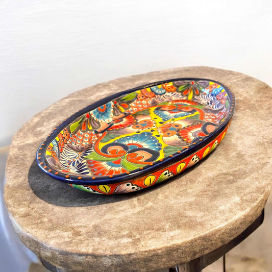 Talavera Oval Serving Platter | Cobalt-Blue Rim Kitchenware