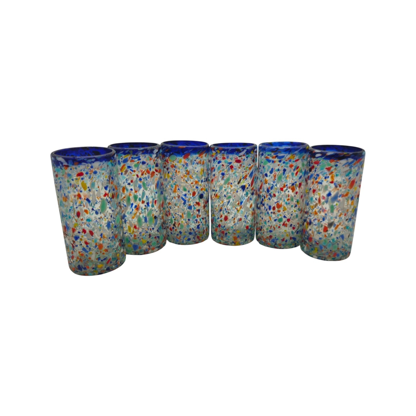 Blue Rim Confetti Pebbled Glass | Hand-Blown Mexican Tumbler