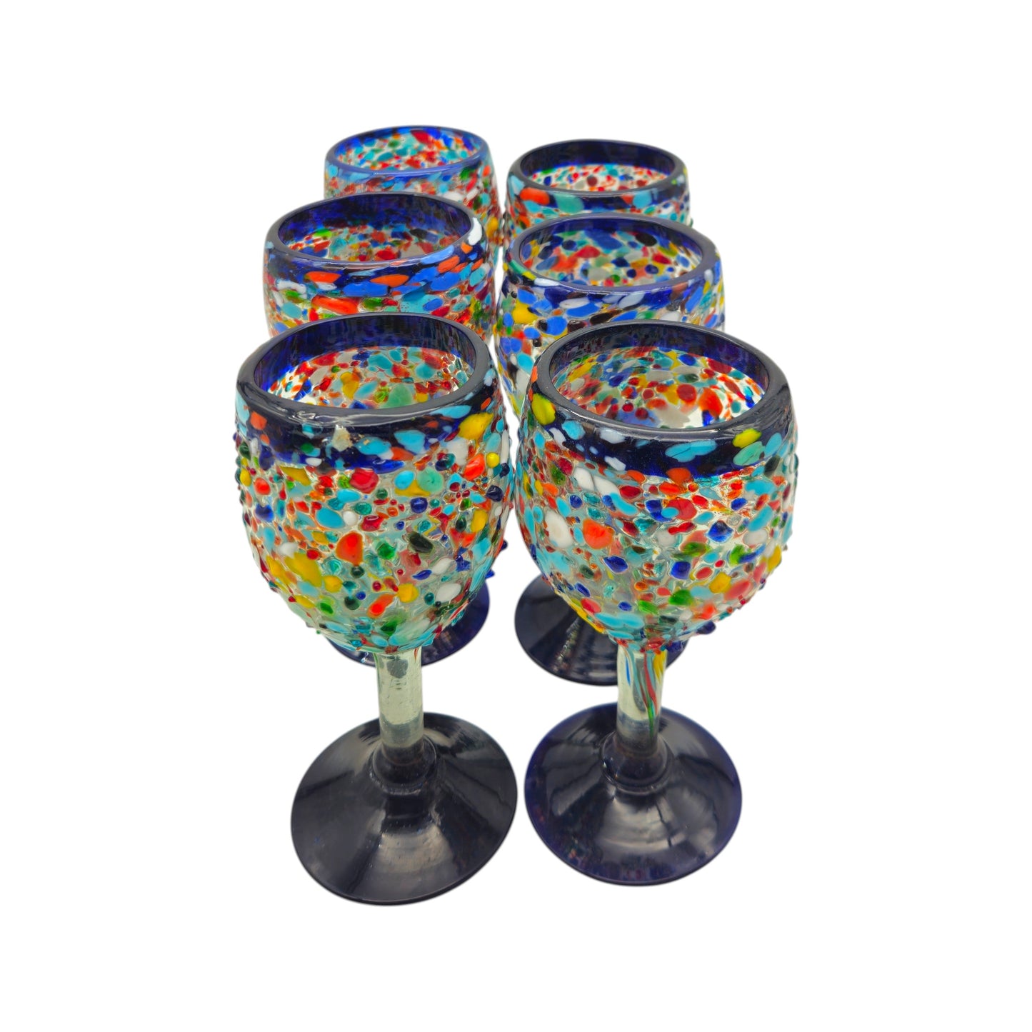 Hand-Blown Mexican Wine Glasses | Blue Rim Confetti Design