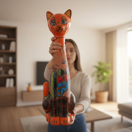 Tall Talavera Cat Statue | Mexican Terracotta Desert Design