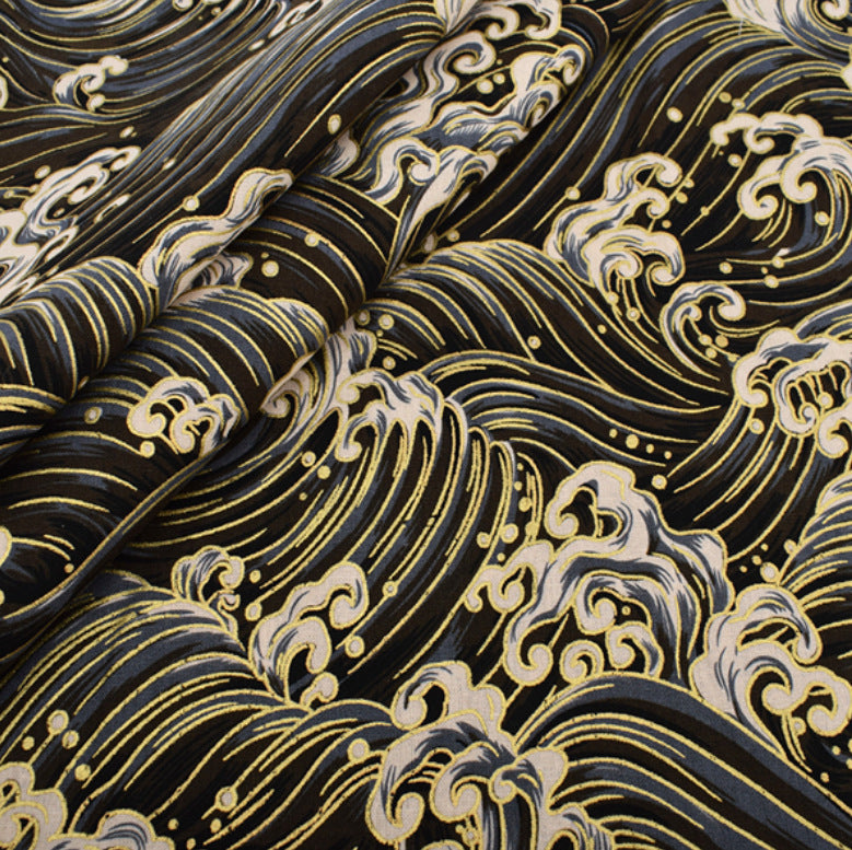 Japanese Floral Cotton Fabric, Handmade Wind-Stamped