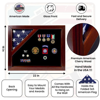 Military Award Shadow Box with Display Case for 3 x 5ft Flag - Felt in Black