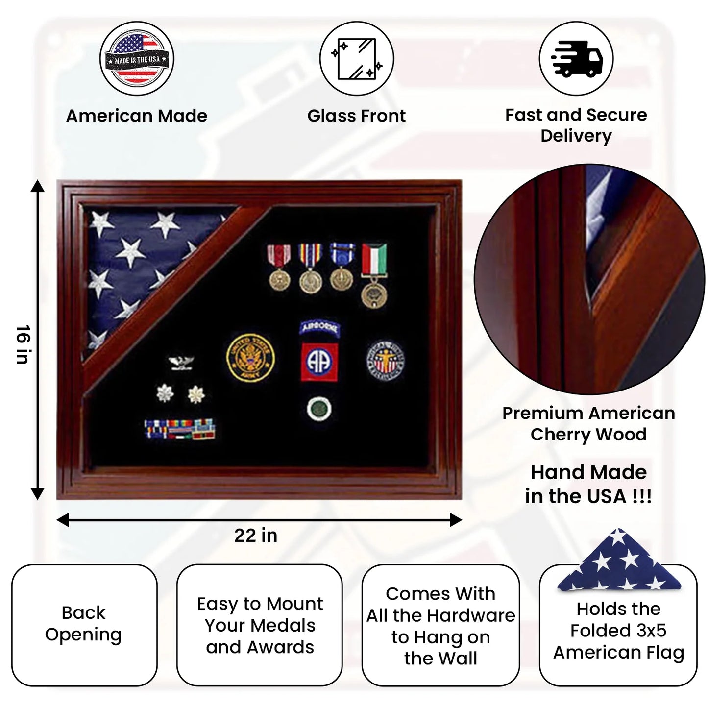 Military Award Shadow Box with Display Case for 3 x 5ft Flag - Felt in Black Color.