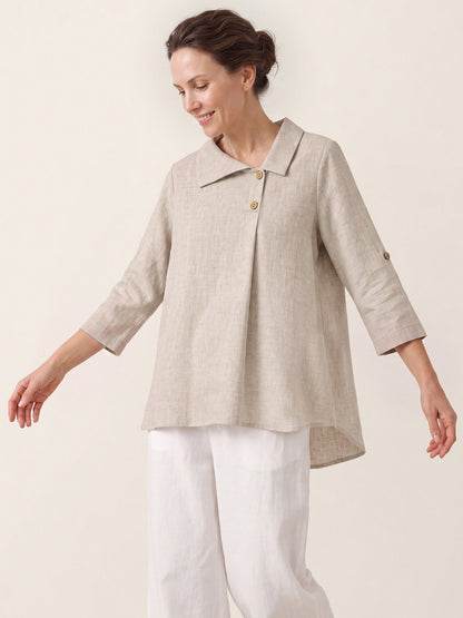100% Linen Asymmetric Button Placket Shirt CLARISSA