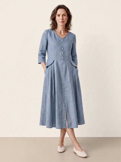 100% Linen Shell Button A-Line Midi Dress ELIORA