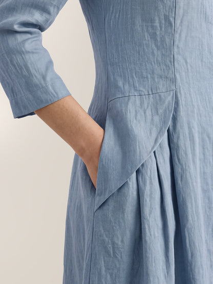100% Linen Shell Button A-Line Midi Dress ELIORA