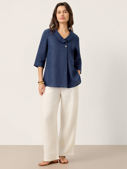 100% Linen Asymmetric Collar Inverted Pleat Top OTTILIE