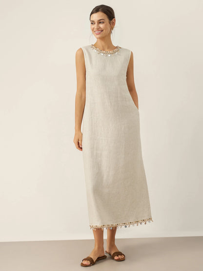 100% Linen Beaded Crew Neck Maxi Dress with Belt BELLA