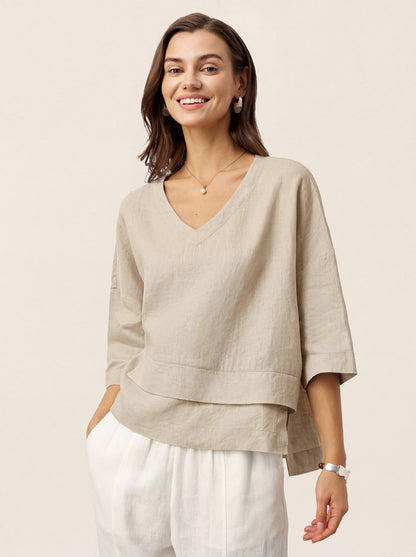 100% Linen Drop Shoulder Asymmetric Layered Hem Overtop VIOLA
