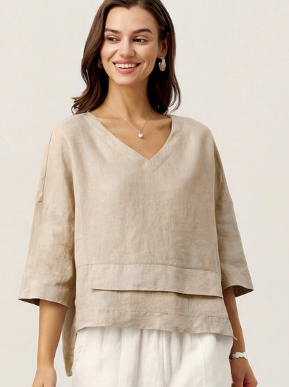 100% Linen Drop Shoulder Asymmetric Layered Hem Overtop VIOLA