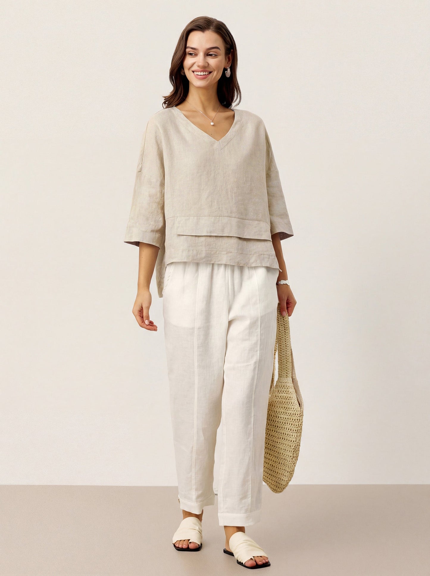100% Linen Drop Shoulder Asymmetric Layered Hem Overtop VIOLA