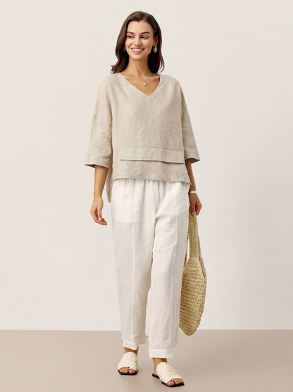 100% Linen Drop Shoulder Asymmetric Layered Hem Overtop VIOLA