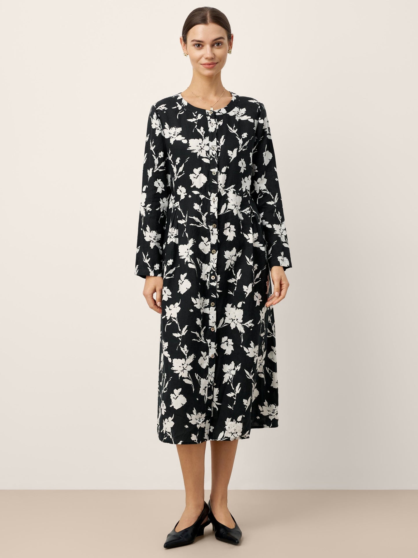 100% Linen Floral Printed Gathered Midi Dress ELODIE