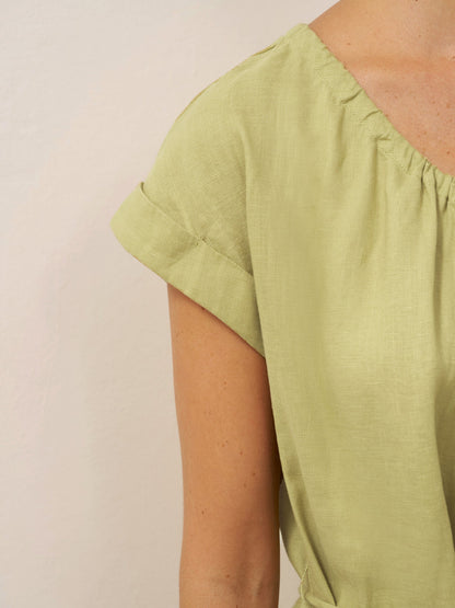 100% Linen Pleated Crew Neck Midi Dress with Detachable Tie Straps MIRA