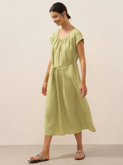 100% Linen Pleated Crew Neck Midi Dress with Detachable Tie Straps MIRA