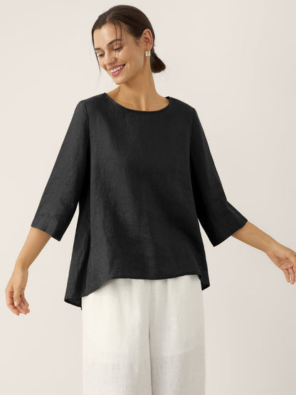 100% Linen Round Neck Asymmetrical Hem Top BRIANNA
