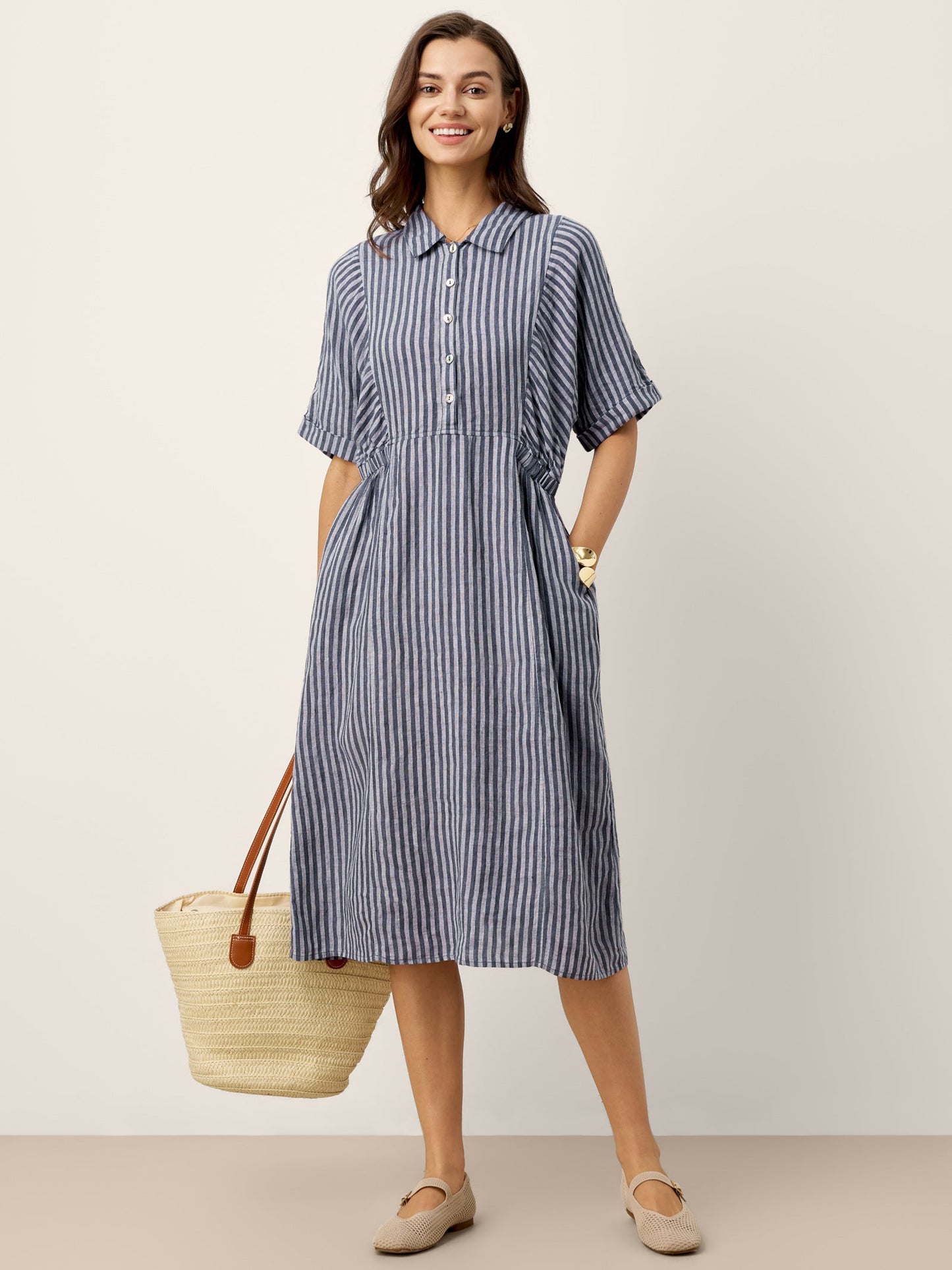100% Linen Striped Buttoned Front Short-Sleeve Midi Shirt Dress CASSANDRA