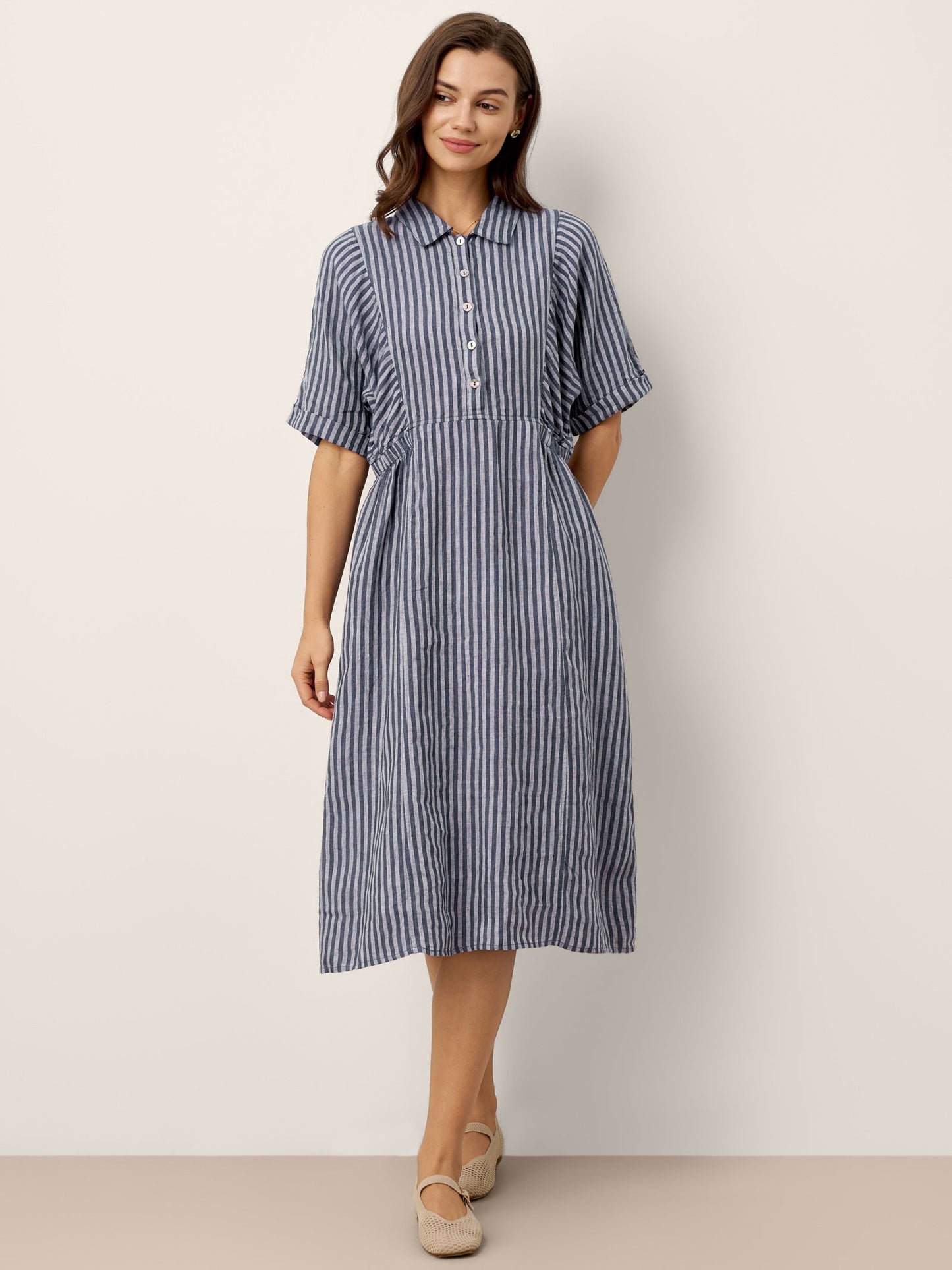 100% Linen Striped Buttoned Front Short-Sleeve Midi Shirt Dress CASSANDRA