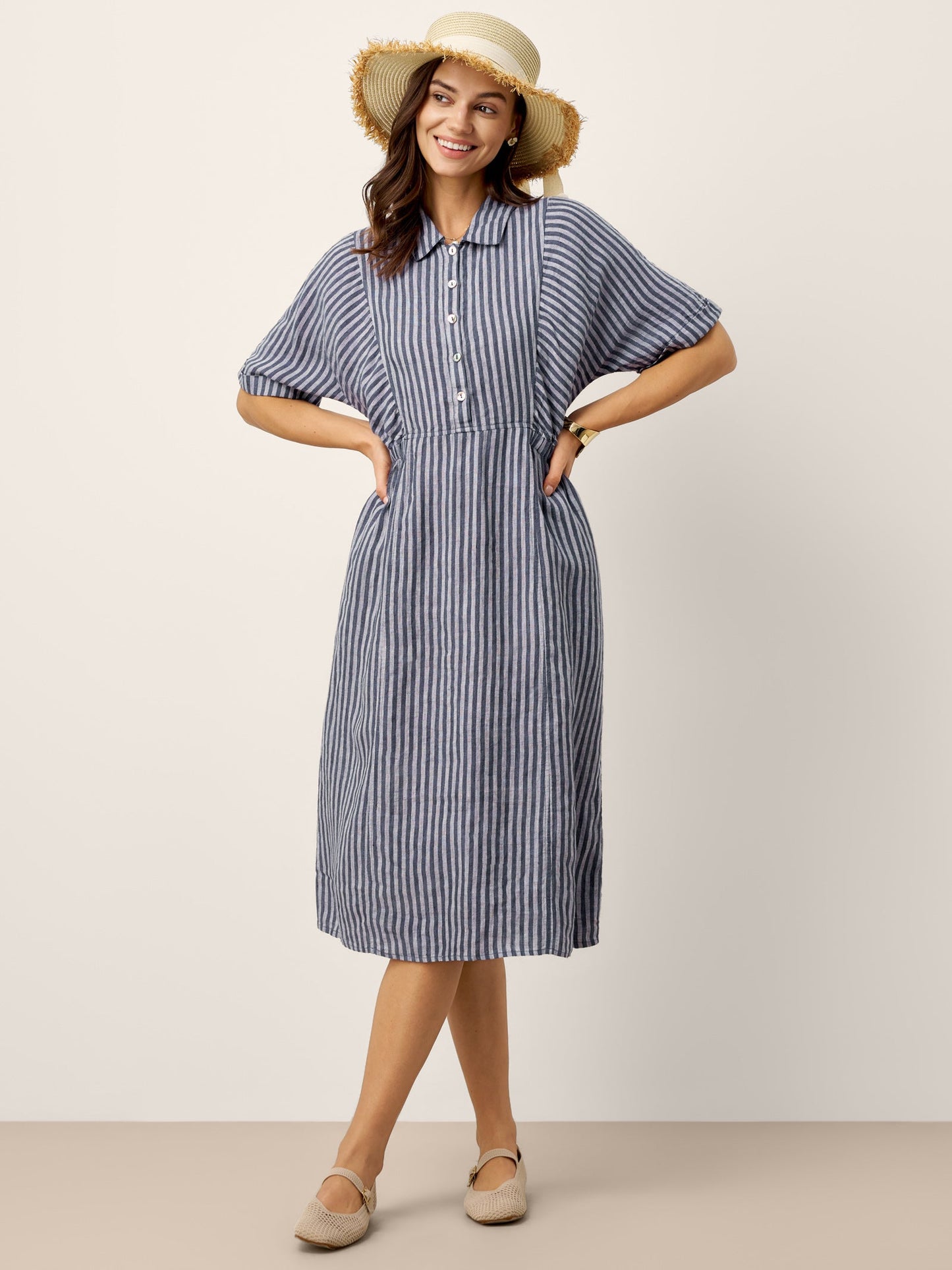 100% Linen Striped Buttoned Front Short-Sleeve Midi Shirt Dress CASSANDRA