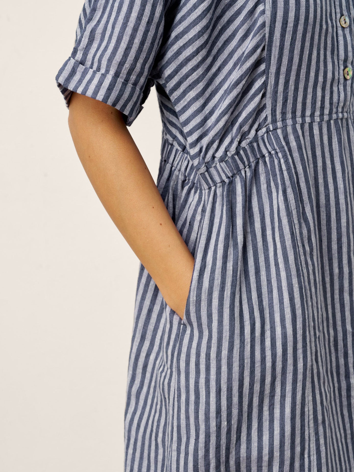 100% Linen Striped Buttoned Front Short-Sleeve Midi Shirt Dress CASSANDRA