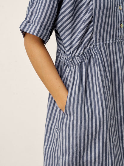 100% Linen Striped Buttoned Front Short-Sleeve Midi Shirt Dress CASSANDRA