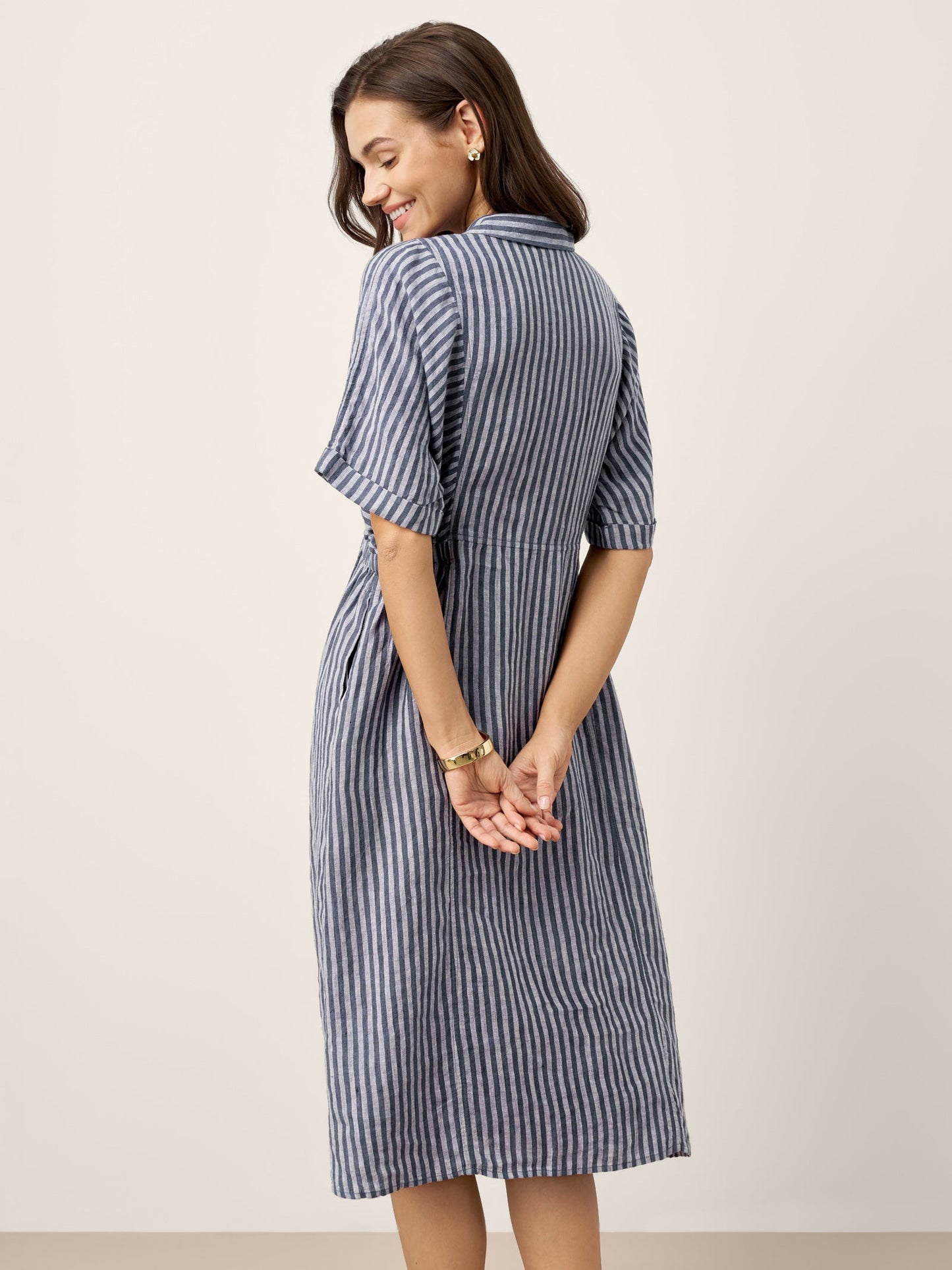 100% Linen Striped Buttoned Front Short-Sleeve Midi Shirt Dress CASSANDRA