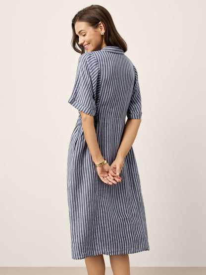 100% Linen Striped Buttoned Front Short-Sleeve Midi Shirt Dress CASSANDRA