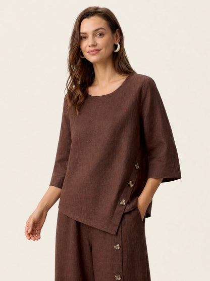 100% Linen Asymmetric-Hem Button-Trim Top NYLA