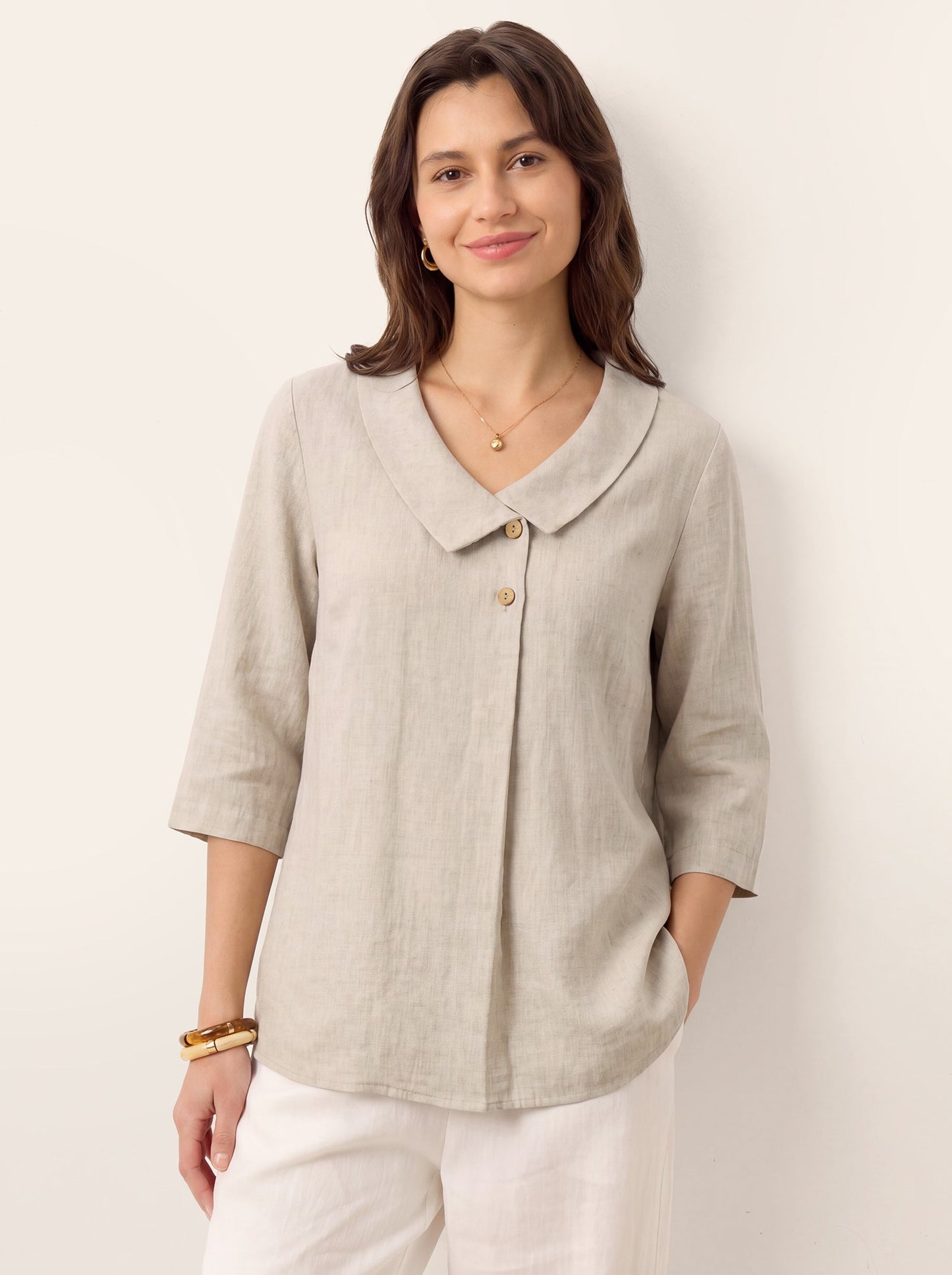 100% Linen Asymmetric Collar Inverted Pleat Top OTTILIE