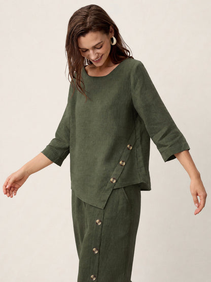 100% Linen Asymmetric-Hem Button-Trim Top NYLA