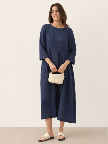 100% Linen Bateau Neck Pleated Midi Dress ABIGAIL
