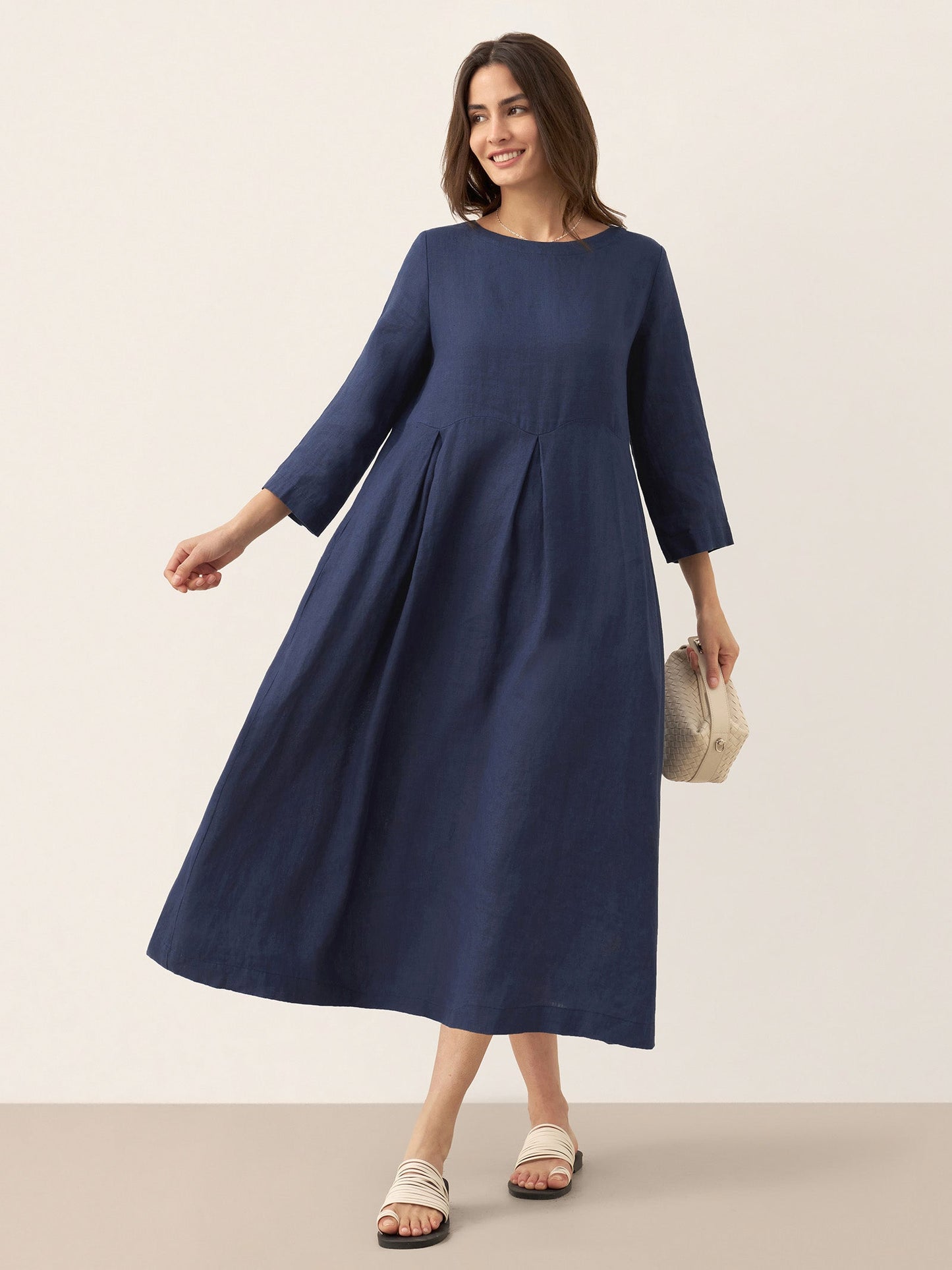 100% Linen Bateau Neck Pleated Midi Dress ABIGAIL