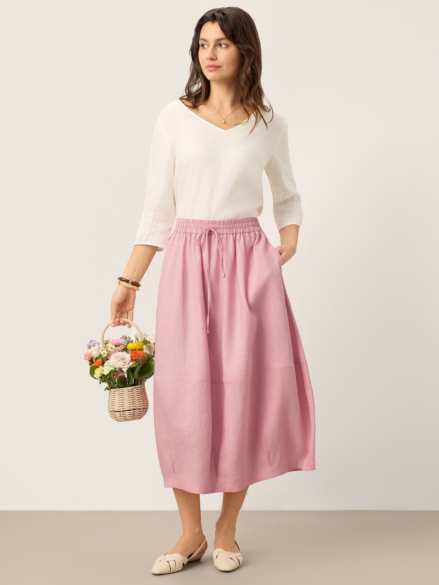 100% Linen Drawstring Lantern Maxi Skirt with Pockets ROXANNE