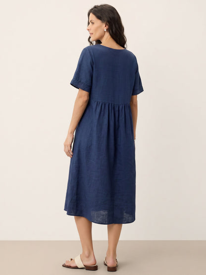 100% Linen Embroidered Cuff Split Neck Midi Dress OCTAVIA