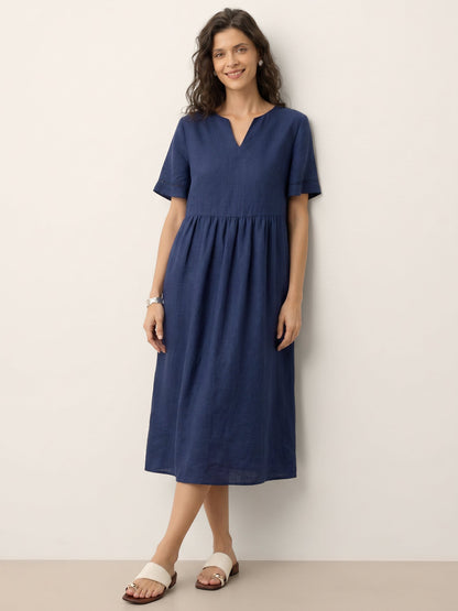 100% Linen Embroidered Cuff Split Neck Midi Dress OCTAVIA