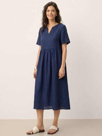 100% Linen Embroidered Cuff Split Neck Midi Dress OCTAVIA