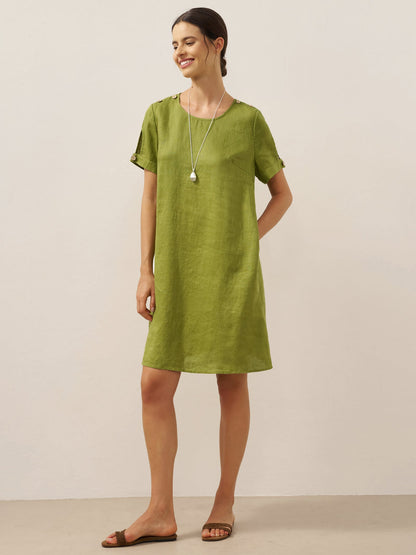 100% Linen Buttoned Cutout Sleeve Mini Dress LIA