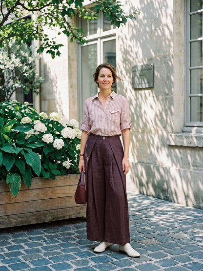 100% Linen Yarn Dyed Pleated Elastic Waist Wide Leg Culottes PALOMA