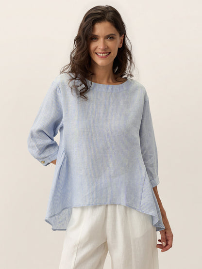 100% Linen Round Neck Artistic Stripe Top FLORENCE