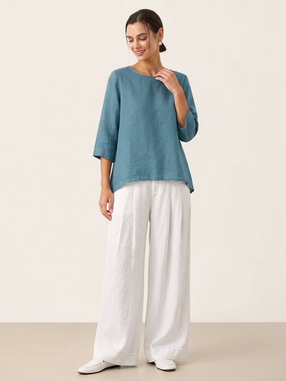 100% Linen Round Neck Asymmetrical Hem Top BRIANNA