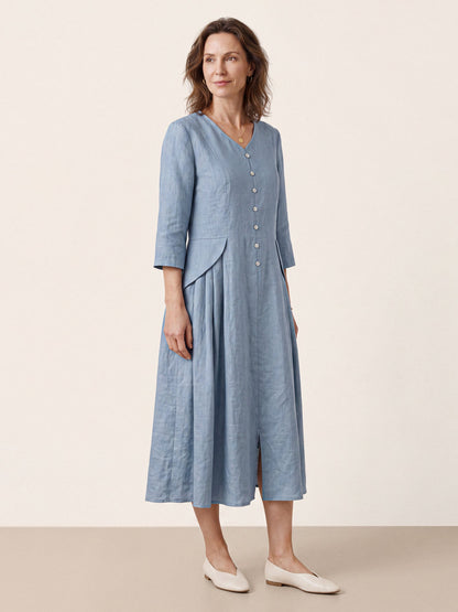 100% Linen Shell Button A-Line Midi Dress ELIORA