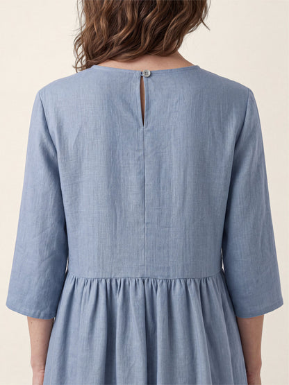 100% Linen Shell Button A-Line Midi Dress ELIORA