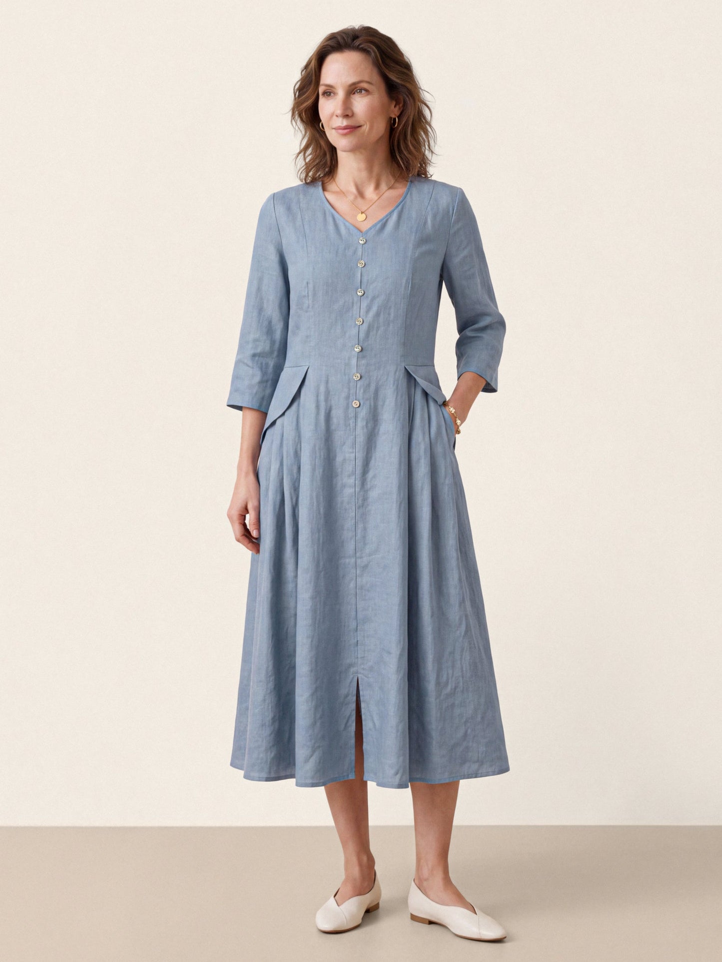 100% Linen Shell Button A-Line Midi Dress ELIORA