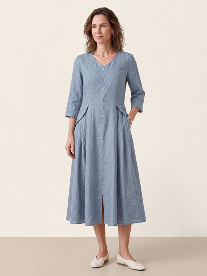 100% Linen Shell Button A-Line Midi Dress ELIORA