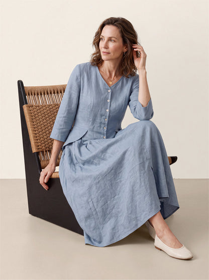 100% Linen Shell Button A-Line Midi Dress ELIORA