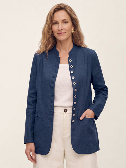 100% Linen Stand Collar Princess Seam Jacket ALIDA